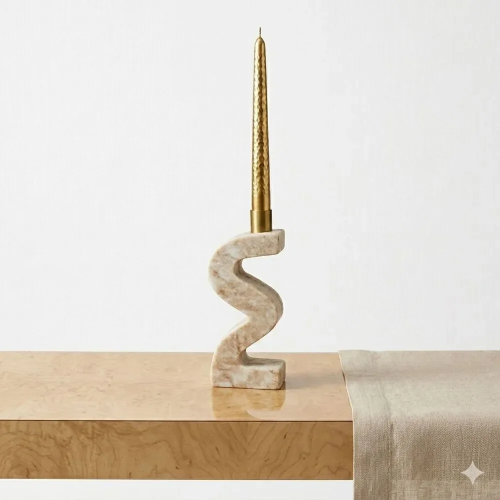 Marble Brass Abstract Zigzag Candlestick Holder Tan Handmade India Modern Decor